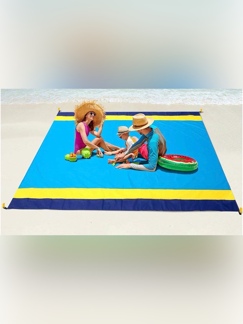 Wiwigo Large Blue Beach Mat Blanket with Yellow and Navy Stripes. 79” x 83”.